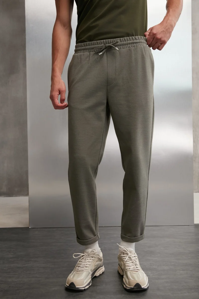 GRIMELANGE Walsh Men's Pique Look Special Fabric Flexible Double Leg Corded Waist Elastic Khaki Trousers