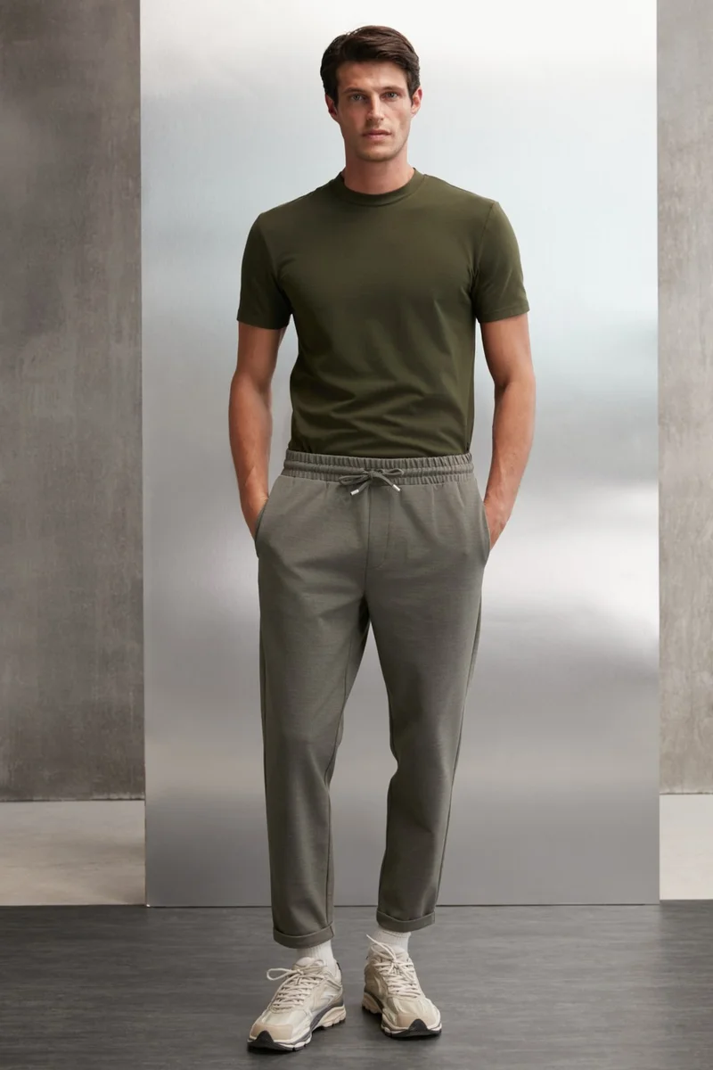 GRIMELANGE Walsh Men's Pique Look Special Fabric Flexible Double Leg Corded Waist Elastic Khaki Trousers