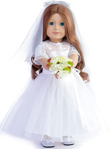 Sweet dolly 18 Inches American Doll Clothes First Communion Gorgeous White Wedding Dress Veil Bouquet Sets Fit 18 Inches Dolls - Image 5