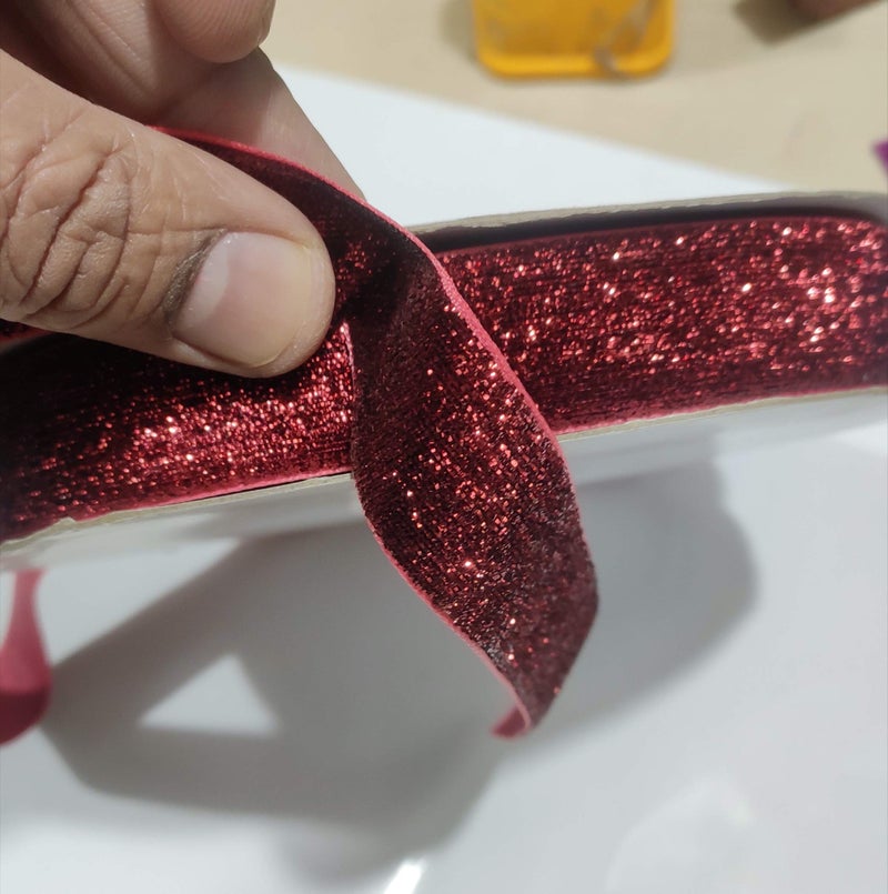 OMX Roll of Maroon (Dark RED) Sparkle Glitter Ribbon Patti Lace (18 Meters) (Border) with 2.5cm Width, Saree Border, Party Decoration, Craftwork (Mehroon Colour) - Image 4