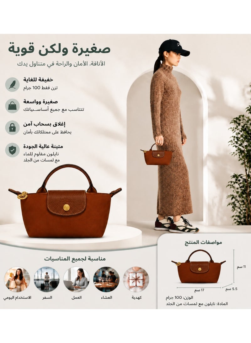 حقيبة يد زلابية ميني، نايلون مع حواف جلدية، لون بني كونياك - Image 2