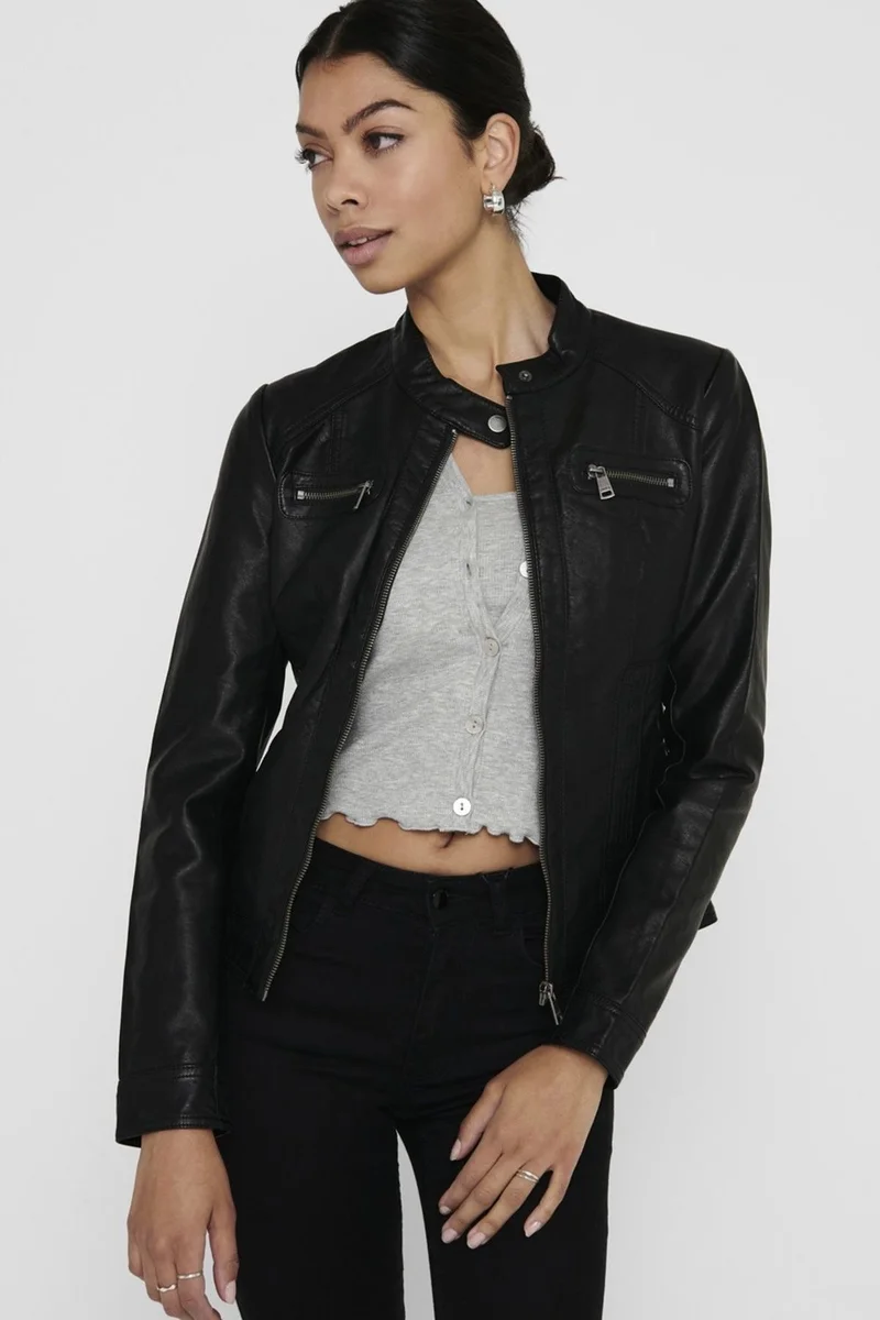 ONLY 15081400 Onlbandıt Faux Leather Bıker Otw Noos Women's Leather Coat Black