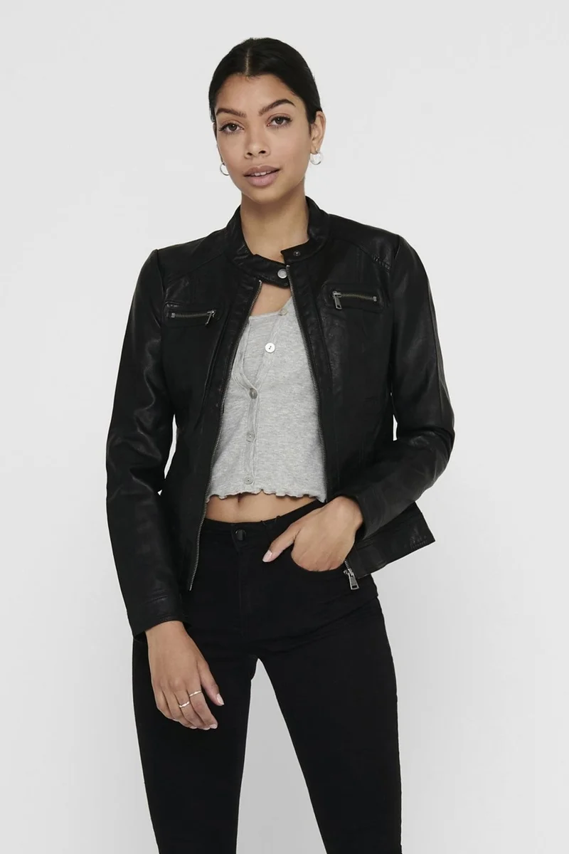 ONLY 15081400 Onlbandıt Faux Leather Bıker Otw Noos Women's Leather Coat Black