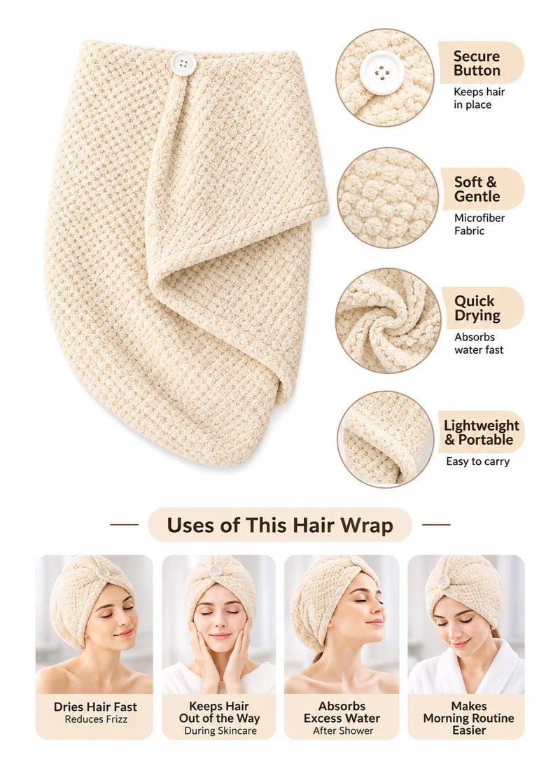 LoomNLayer LoomsNLayer Shangmu Microfiber Hair Drying Turban Cap – Ultra Absorbent Waffle Weave Hair Towel Wrap for Women, Quick-Dry Bathroom Cap with Button Closure, Cream/White - Image 3