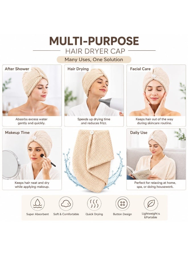 LoomNLayer LoomsNLayer Shangmu Microfiber Hair Drying Turban Cap – Ultra Absorbent Waffle Weave Hair Towel Wrap for Women, Quick-Dry Bathroom Cap with Button Closure, Cream/White - Image 2
