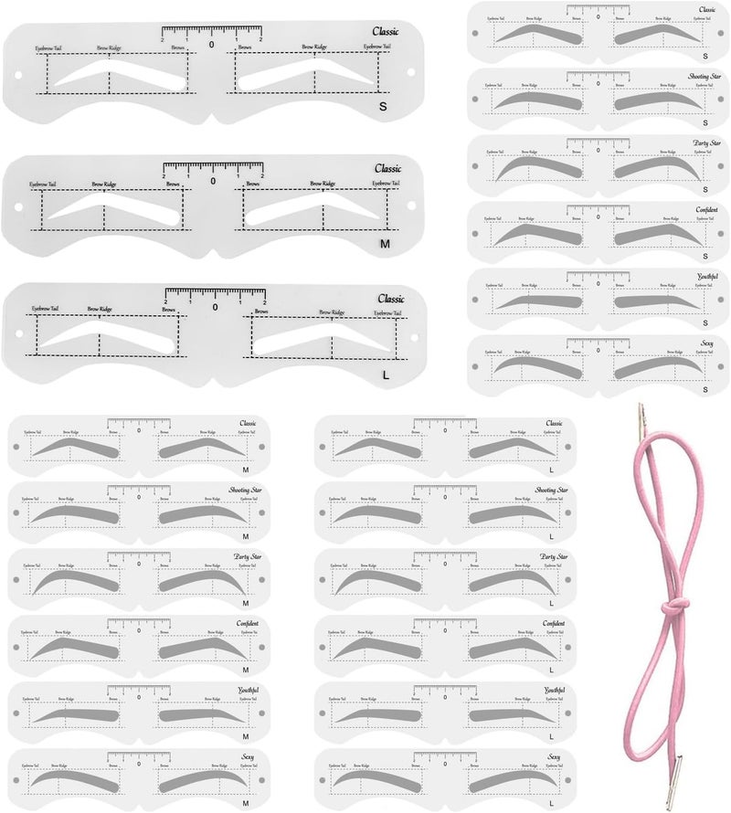 3 Size Eyebrow Stencils, 6 Styles, Soft, Reusable Eyebrow Template Kit with Strap