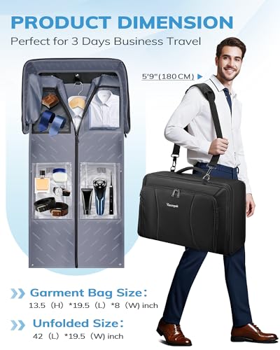 Vancropak Convertible Carry on Garment Bag with Backpack Straps Airline Approved Travel Garment Duffel Bag with Shoe Compartment Wrinkle Free Suit Carrier Business Suitcase For 156 Laptop Black - Image 3