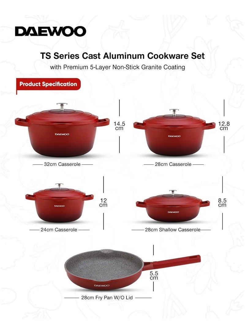 Daewoo Cast Aluminum Cookware Set with Premium 5-Layer Non-Stick Granite Coating
Pots: 32cm, 28cm, 24cm , Fry Pan: 28cm ,Shallow Casserole ,Silicone Utensils & Pot Protectors 
Induction & Oven Safe ,Stay-Cool Handles - Image 2