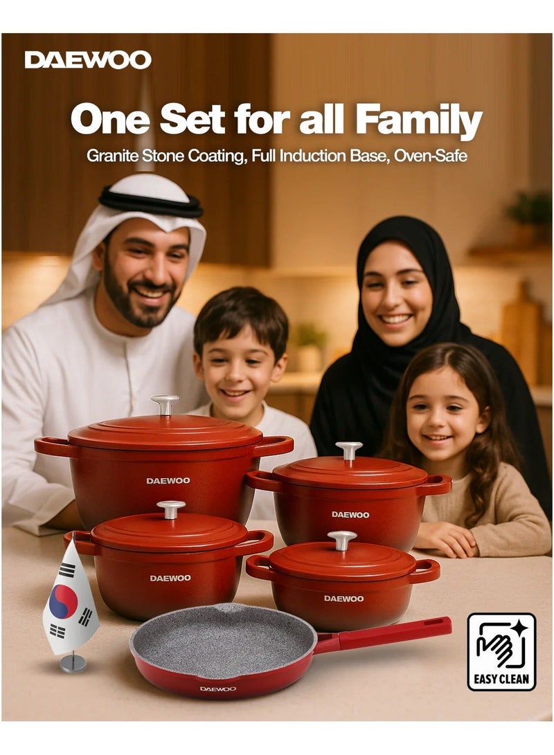 Daewoo Cast Aluminum Cookware Set with Premium 5-Layer Non-Stick Granite Coating
Pots: 32cm, 28cm, 24cm , Fry Pan: 28cm ,Shallow Casserole ,Silicone Utensils & Pot Protectors 
Induction & Oven Safe ,Stay-Cool Handles - Image 4
