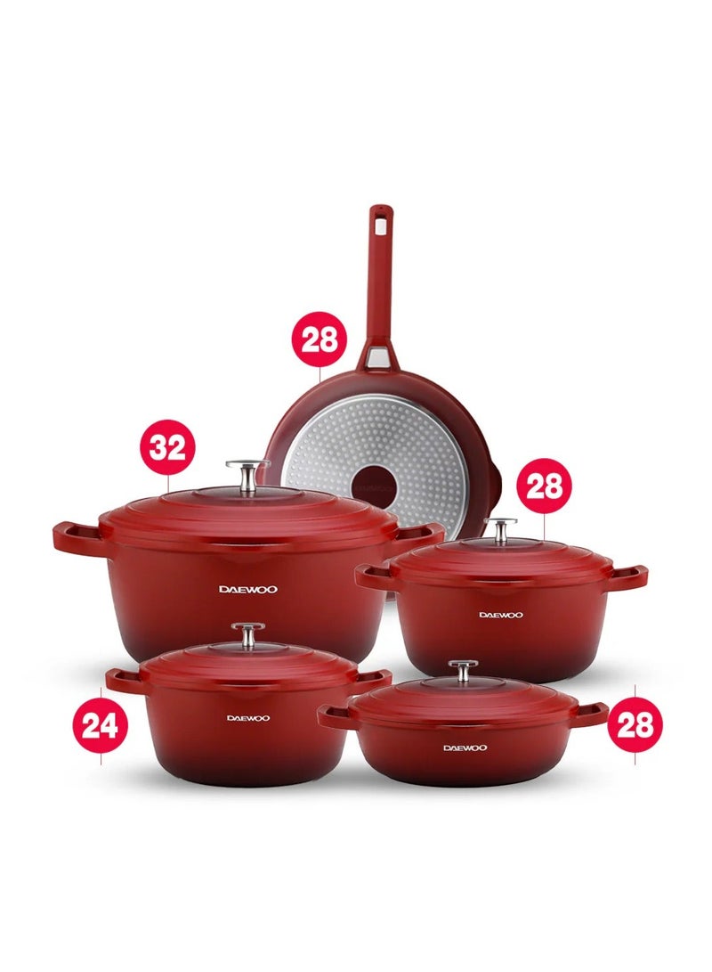 Daewoo Cast Aluminum Cookware Set with Premium 5-Layer Non-Stick Granite Coating
Pots: 32cm, 28cm, 24cm , Fry Pan: 28cm ,Shallow Casserole ,Silicone Utensils & Pot Protectors 
Induction & Oven Safe ,Stay-Cool Handles - Image 1