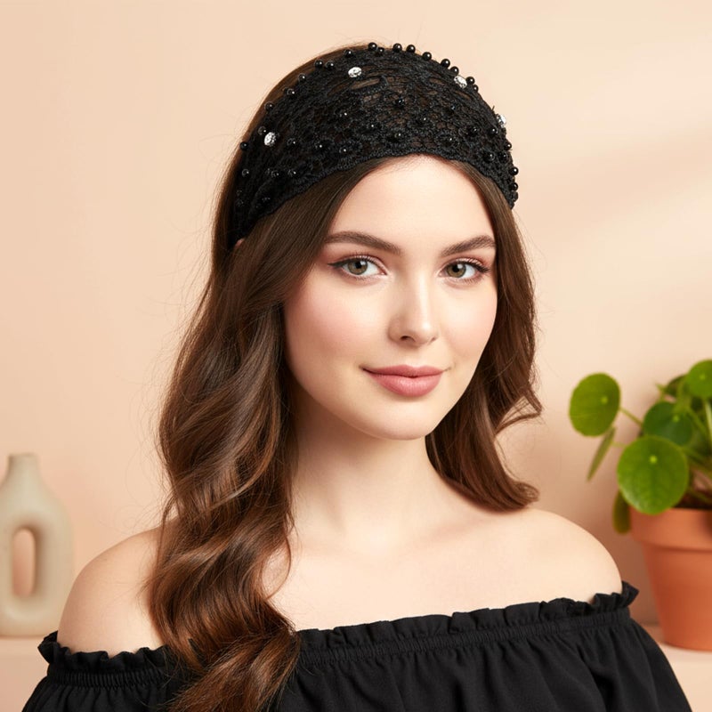 Tucnoeu 3pcs Boho-Chic Crystal & Pearl Embellished Wide Headbands, Wide Boho Pearl Headband for Wome, Floral Beaded Lace Elastic Headband Suitable for Daily Wear and Weddings Stylingvarious Holidays - Image 5