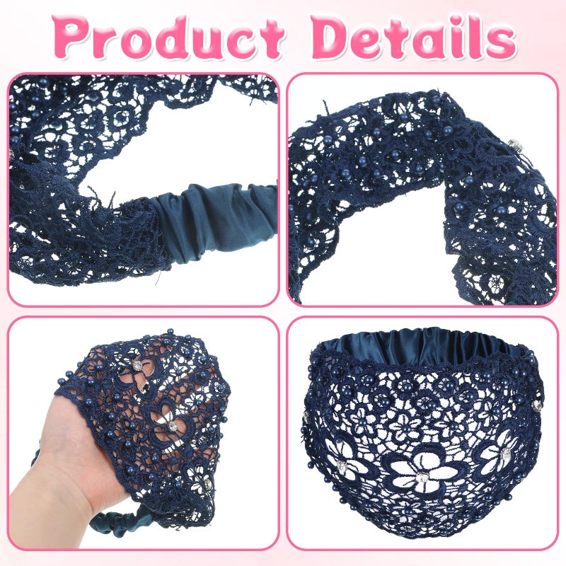 Tucnoeu 3pcs Boho-Chic Crystal & Pearl Embellished Wide Headbands, Wide Boho Pearl Headband for Wome, Floral Beaded Lace Elastic Headband Suitable for Daily Wear and Weddings Stylingvarious Holidays - Image 3