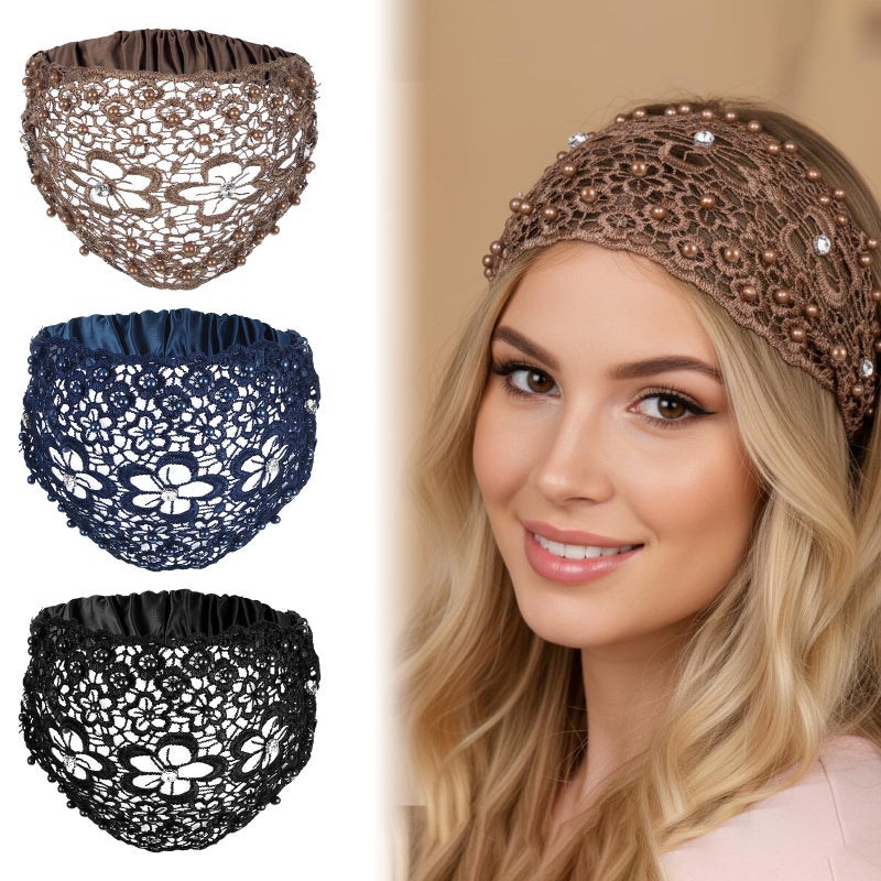 Tucnoeu 3pcs Boho-Chic Crystal & Pearl Embellished Wide Headbands, Wide Boho Pearl Headband for Wome, Floral Beaded Lace Elastic Headband Suitable for Daily Wear and Weddings Stylingvarious Holidays - Image 1