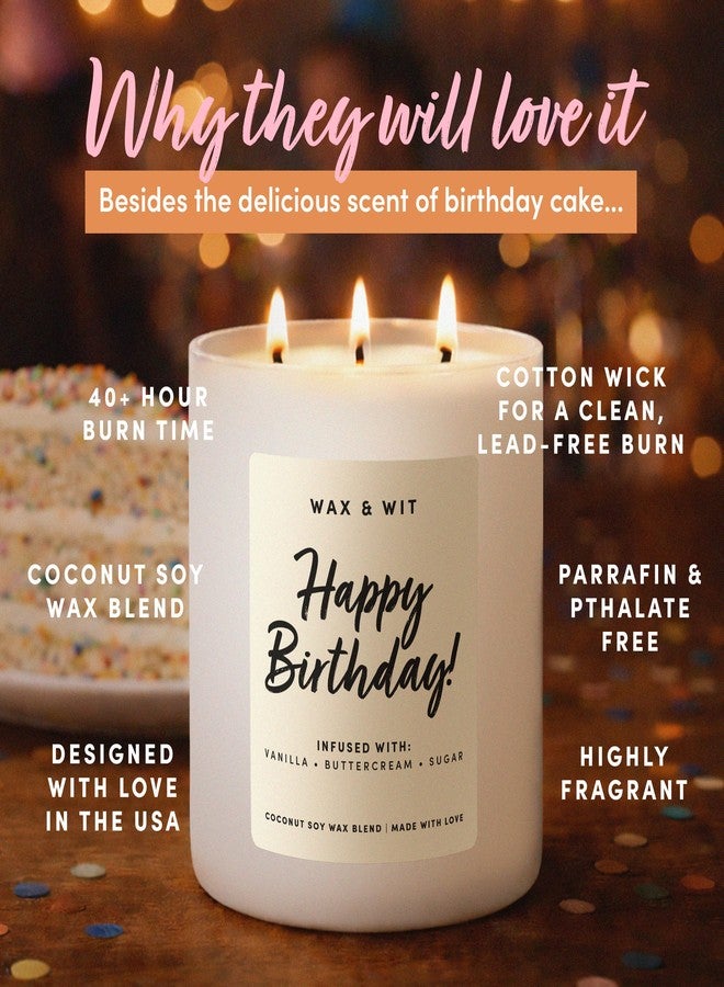 Wax & Wit Happy Birthday Candle for Women – Birthday Cake Scented 3-Wick, Vanilla Buttercream, Large 14.5 oz Coconut Soy Wax, 60+ Hour Burn, Unique Gift for Her, Best Friend - Image 4