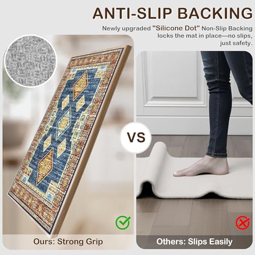 Tritard 100 Non Slip Kitchen Rugs Sets of 3 Washable Boho Kitchen Mats for Floor Vintage Farmhouse Kitchen Rug Soft Runner Rug for Hallway Laundry Room Indoor Entryway Blue - Image 3