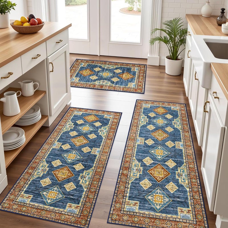Tritard 100 Non Slip Kitchen Rugs Sets of 3 Washable Boho Kitchen Mats for Floor Vintage Farmhouse Kitchen Rug Soft Runner Rug for Hallway Laundry Room Indoor Entryway Blue - Image 2