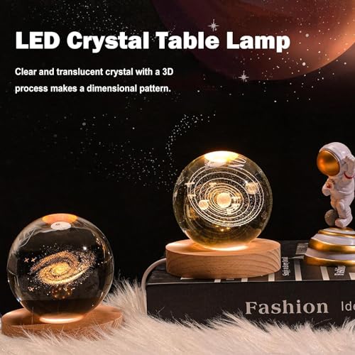 One94Store 3D Solar Planet Crystal Ball LED Night Lamp, Creative Engraved Night Light Wooden Base, Warm White Decorative Table Lamp for Home, Office, Bedroom, Birthday Gift (Solar Planet) - Image 4