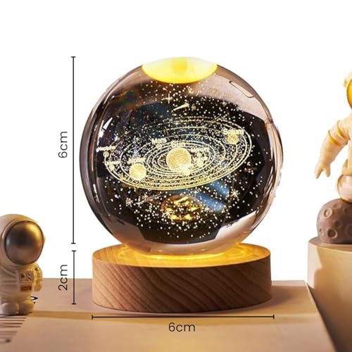One94Store 3D Solar Planet Crystal Ball LED Night Lamp, Creative Engraved Night Light Wooden Base, Warm White Decorative Table Lamp for Home, Office, Bedroom, Birthday Gift (Solar Planet) - Image 2