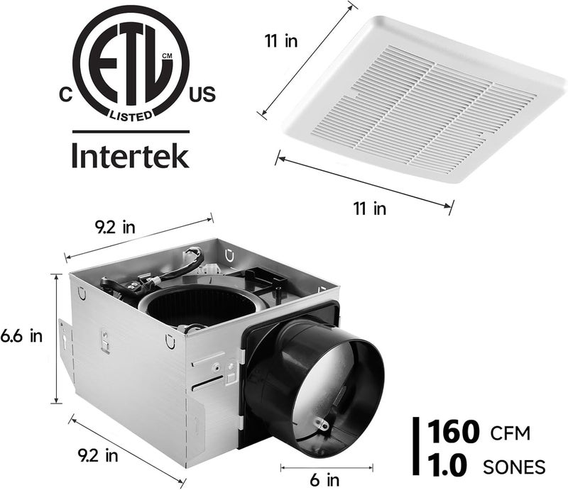 Tech Drive Bathroom Fan - 160 CFM, 1.0 Sone, No Attic Access Needed, 6-Inch Duct Very Quiet Ventilation Exhaust Fan with Humidity Sensor, Easy to Install Ceiling Mounted, White - Image 3