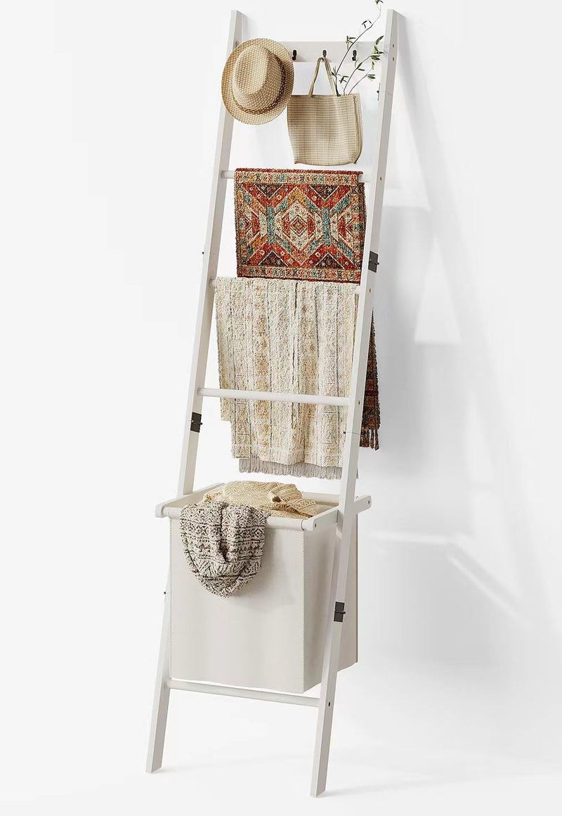 BAMBANG Blanket Ladder with Basket, 5- Tier Blanket Quilt Holder Towel Rack with 4 Hooks for Living Room, Wall Leaning Decorative Ladder Shelf with Storage Hamper, Bamboo White - Image 1