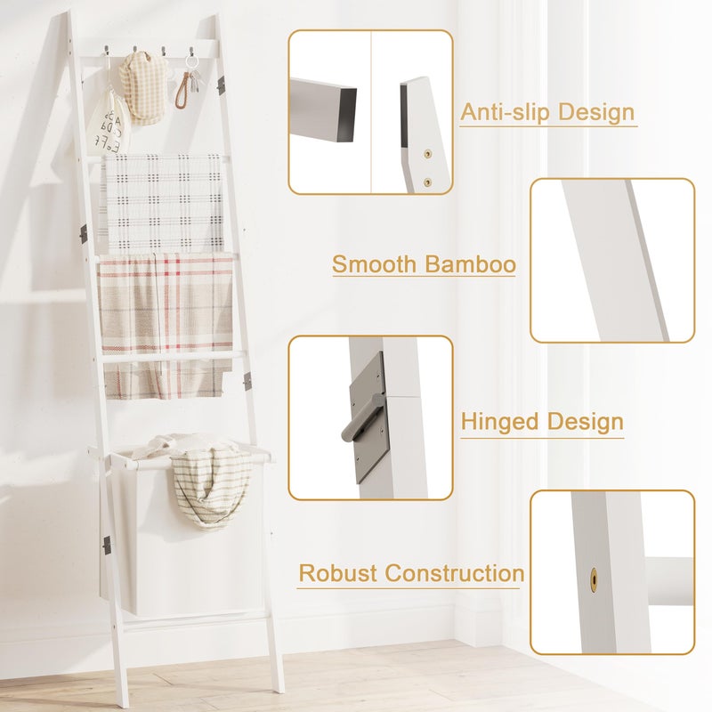 BAMBANG Blanket Ladder with Basket, 5- Tier Blanket Quilt Holder Towel Rack with 4 Hooks for Living Room, Wall Leaning Decorative Ladder Shelf with Storage Hamper, Bamboo White - Image 2