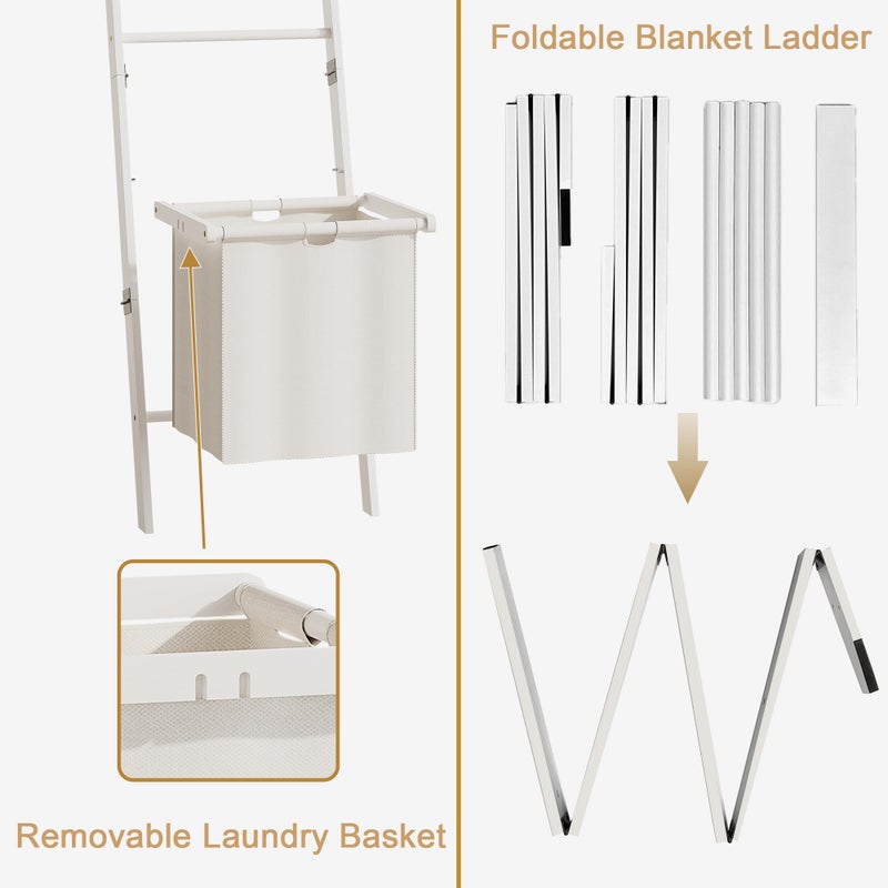 BAMBANG Blanket Ladder with Basket, 5- Tier Blanket Quilt Holder Towel Rack with 4 Hooks for Living Room, Wall Leaning Decorative Ladder Shelf with Storage Hamper, Bamboo White - Image 5