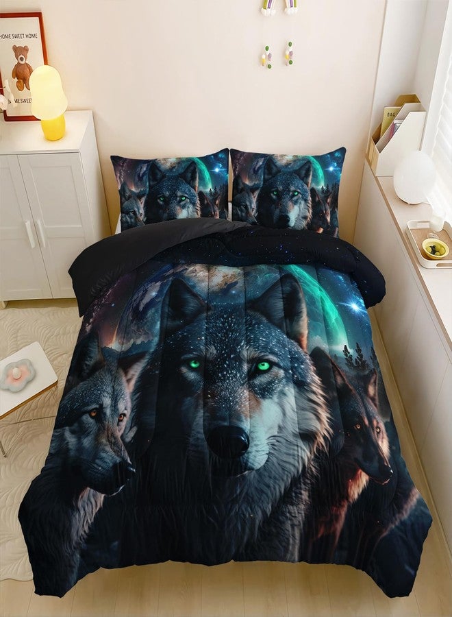 Nttopship Wolf Comforter Set Queen Size for Adults 3Pcs,Moon and Wild Wolf Pack Theme Comforter Soft Warm Comforer for All Season Room Decor with 1 Comforter and 2 Pillow Case - Image 3