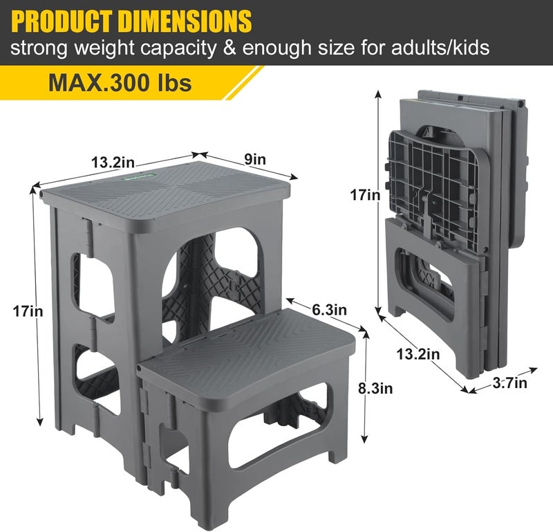 SENQI Folding 2-Step Stool for Adults Kids Non-Slip Collapsible Portable Step Stool for Kitchen Home Toilet Bedroom Office Bathroom Rv,Holds 300 Lbs(Grey) - Image 2