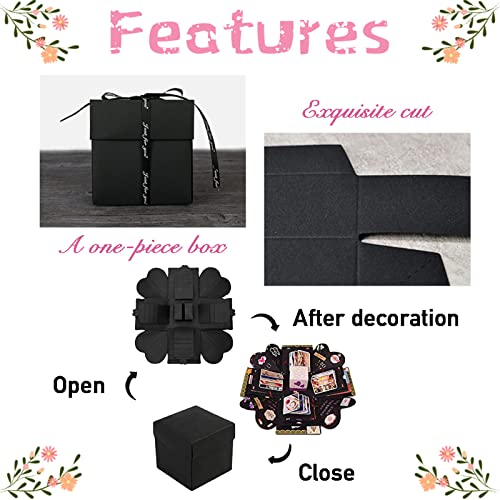 Hamiggaa Explosion Box Gifts,Surprise Creative DIY Photo,Exploding Love Box,Love Memory Photo Box with 4 Faces for Anniversary,Birthday,Valentine's Day and Wedding(Black) Square - Image 3