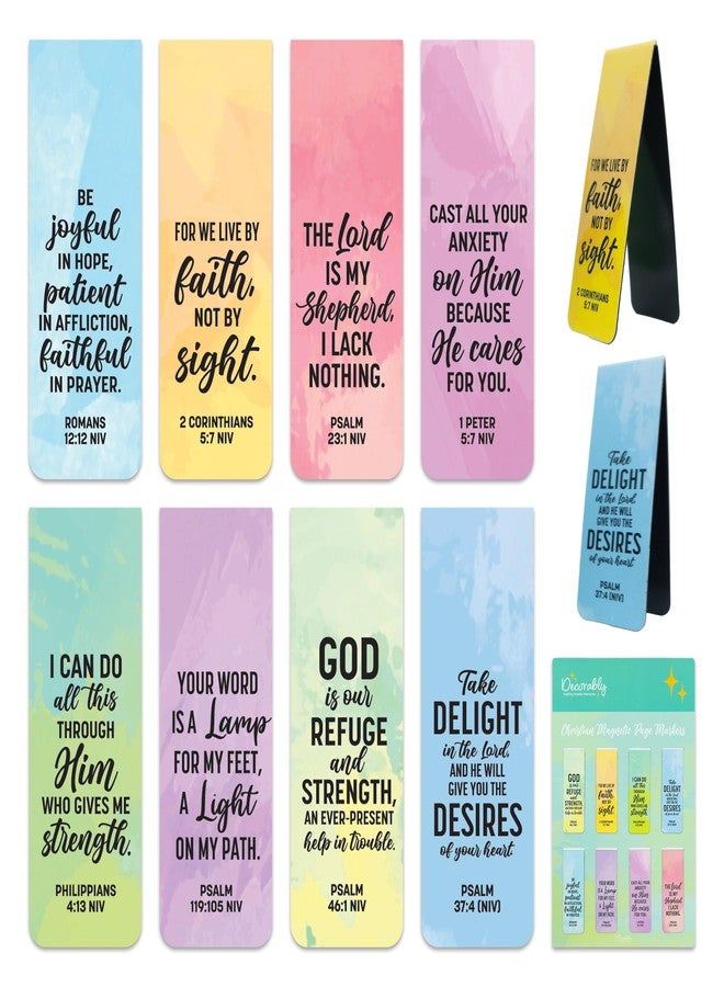 Decorably 8 Pack 0.8x2.3in Bible Verse Christian Magnetic Bookmarks for Women or Men, 8 Watercolor Motivational Designs Prayer Page Clips for Women & Men - Study, Devotional, Journaling, Reading, Gift - Image 1