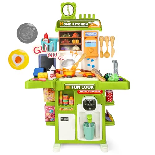 Drmukie Upgrade Toy Kitchen Set for Kids Toddlers Mini Kitchen Playset with Spray Sink Realistic Lighting Pretend Cooking Toys for 3 4 5 Year Old Girls Boys Gifts Green - Image 1
