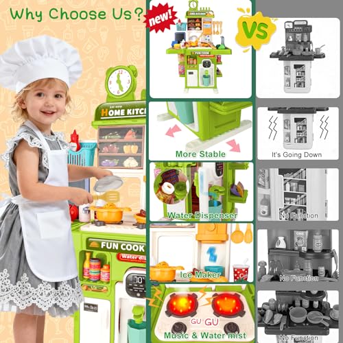 Drmukie Upgrade Toy Kitchen Set for Kids Toddlers Mini Kitchen Playset with Spray Sink Realistic Lighting Pretend Cooking Toys for 3 4 5 Year Old Girls Boys Gifts Green - Image 5