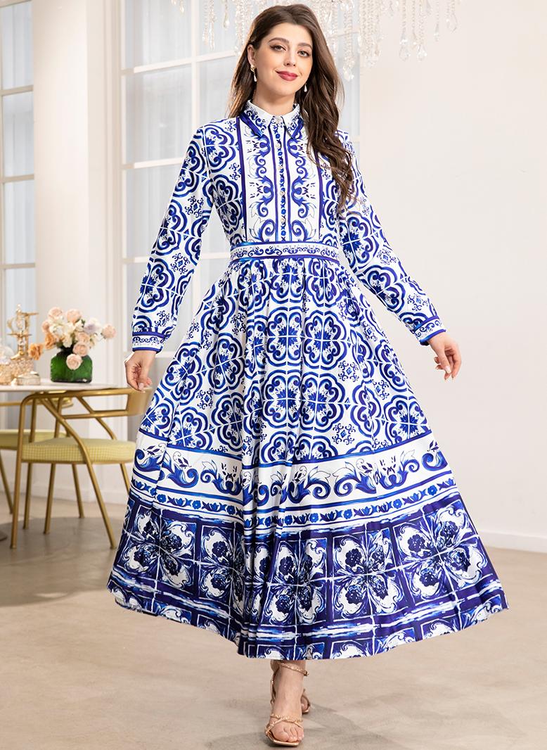 فرايديين انيق طوق متقلب تباين اللون نمط الموجه ضمادة كم القميص قفطان ازرق - Image 1