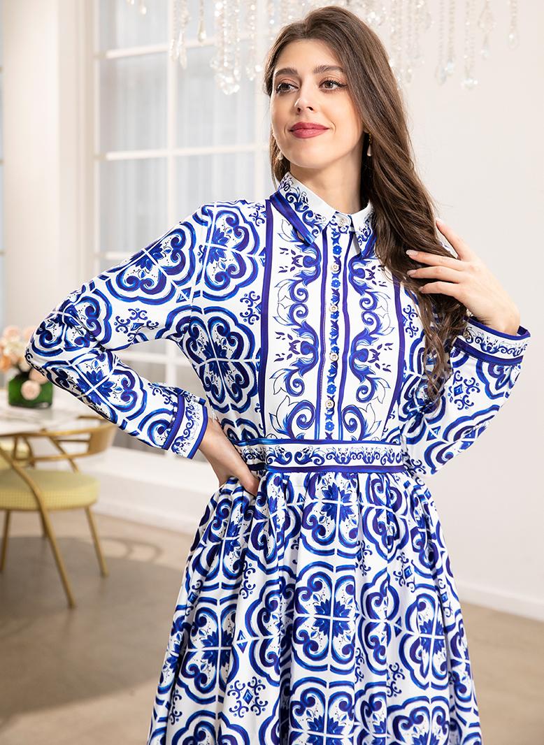 فرايديين انيق طوق متقلب تباين اللون نمط الموجه ضمادة كم القميص قفطان ازرق - Image 3