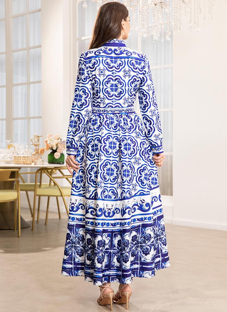 فرايديين انيق طوق متقلب تباين اللون نمط الموجه ضمادة كم القميص قفطان ازرق - Image 2