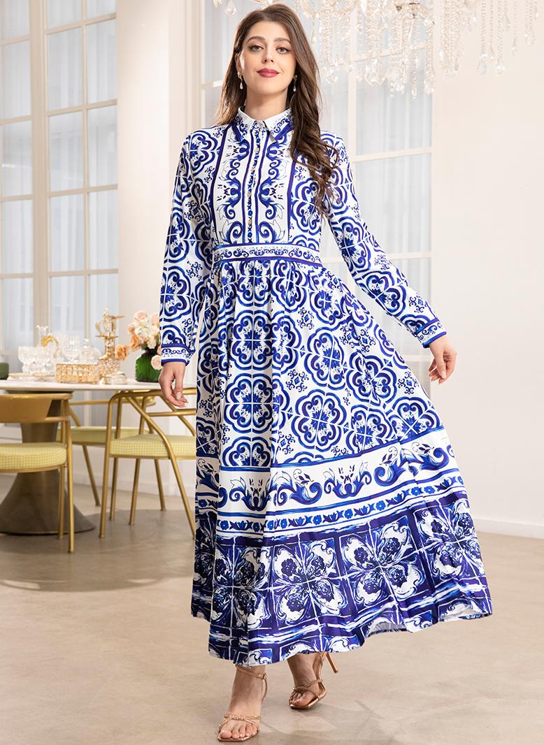 فرايديين انيق طوق متقلب تباين اللون نمط الموجه ضمادة كم القميص قفطان ازرق - Image 5