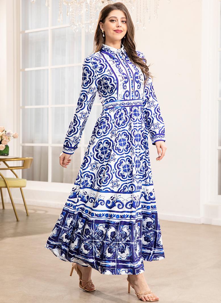 فرايديين انيق طوق متقلب تباين اللون نمط الموجه ضمادة كم القميص قفطان ازرق - Image 4