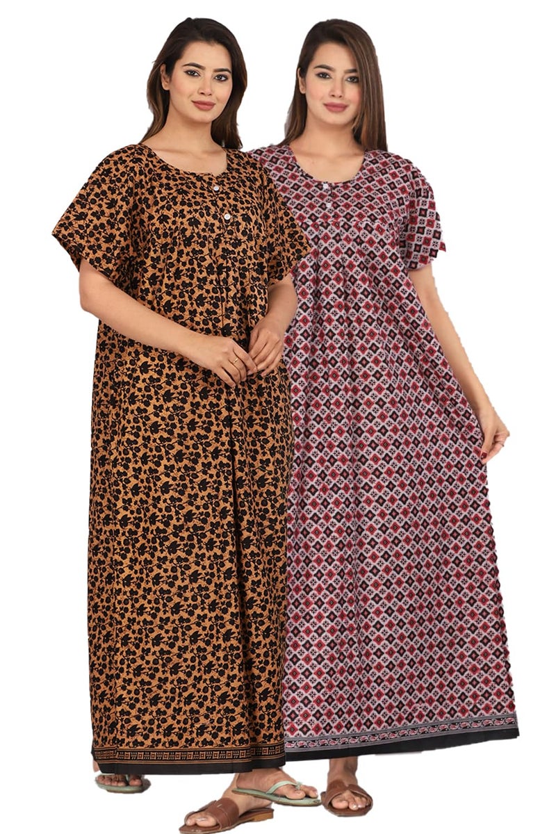 Monique Brand Girls & Women's 100% Pure Cotton Floral Print Nighty | Maxi | Night Gown Combo Pack of 2 - Image 1