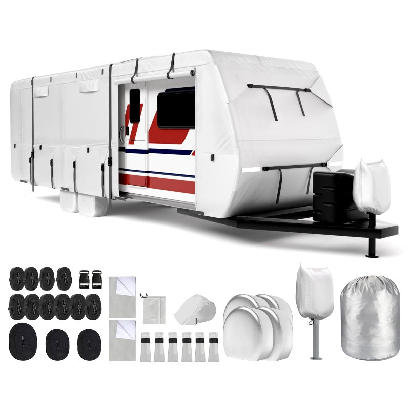 Mofeez Oxford Fabric Travel Trailer RV Cover Camper Cover with 420D Oxford for The Top 2224 Tearproof Waterproof Windproof Travel Trailer Cover with 4 Tire Covers Jack Cover and Zippered Doors