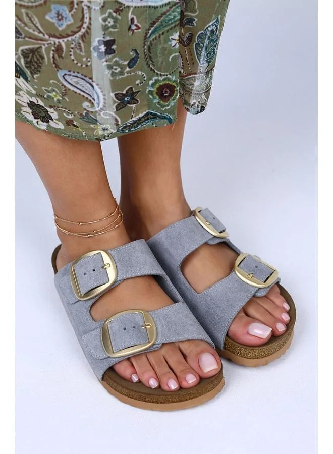 Manijero Irene Genuine Leather Double Buckle Grey Slippers - Gray