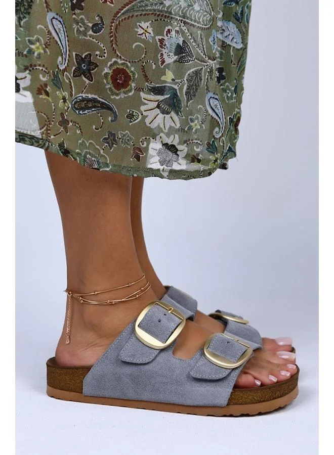 Manijero Irene Genuine Leather Double Buckle Grey Slippers - Gray