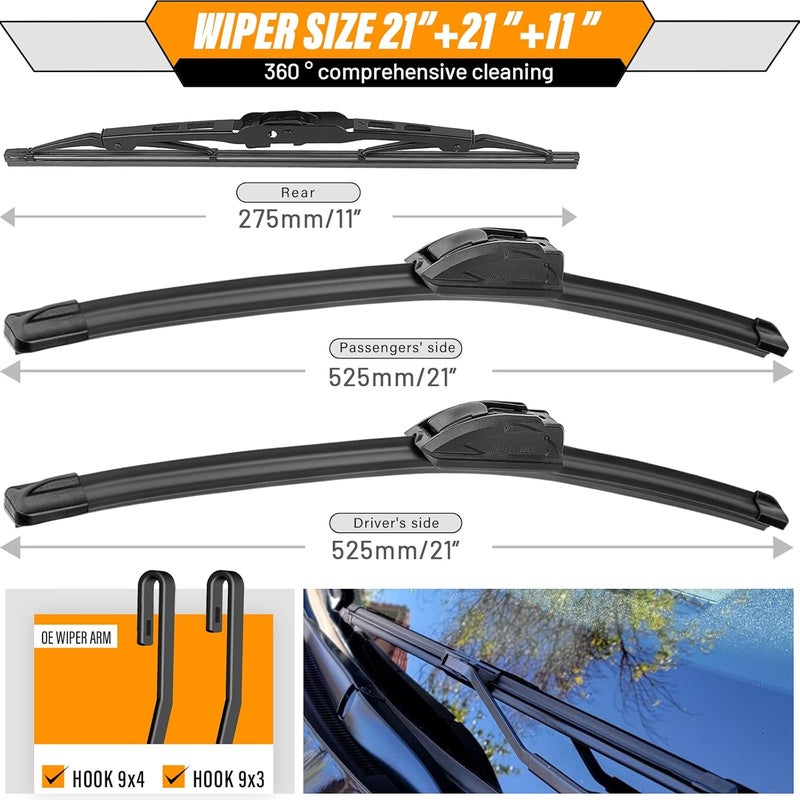 AUTOBOO 21"+21" Windshield Wipers with 11 Inch Rear Wiper Blade Replacement for Jeep Grand Cherokee 1999 2000 2001 2002 2003 2004-Original Factory Quality (Pack of 3) - Image 3