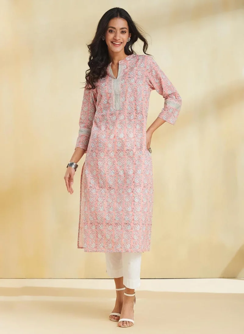 فاب انديا Pink Cotton Hand Block Printed Long Kurta