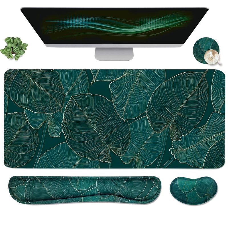 Yunoble Ergonomic Large Mouse Pad and Keyboard Wrist Rest, Desk Pad for Keyboard and Mouse, 4-in-1 Large Gaming Mouse Pad with Wrist Support for Home Office Study Game-Green Leaves - Image 1