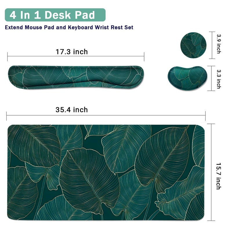 Yunoble Ergonomic Large Mouse Pad and Keyboard Wrist Rest, Desk Pad for Keyboard and Mouse, 4-in-1 Large Gaming Mouse Pad with Wrist Support for Home Office Study Game-Green Leaves - Image 3
