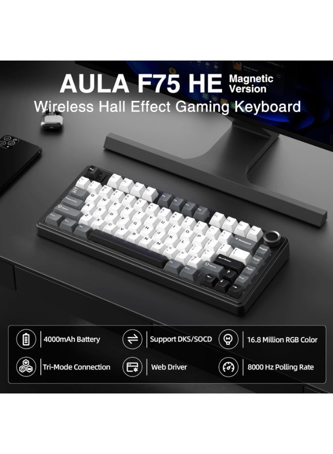 AULA F75 HE Gaming Keyboard with Magnetic Switches, 3-Mode, BT/2.4G/USB-C, 8000Hz Polling Rate, 4000mAh Battery, Supports DKS and SOCD, Adjustable Playback, Color (Black/White/Gray) - Image 2