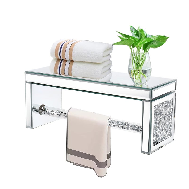 TACIDON Glass Mirrored Wall Shelf Wall Mounted for Over Toilet Glamorous Crystal Diamond Glass Towel Bar Decorative Storage Glass Shelf for Bathroom Kitchen or BedroomSilver