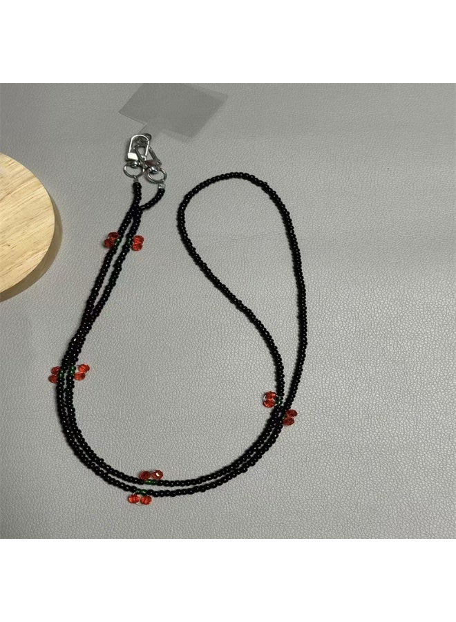NIBEMINENT Beaded Phone Lanyard, Anti Lost Removable Wrist Strap, Weaved Bead Cherry Bracelet Pendant, Phone Keychain Lanyard,Black - Image 1