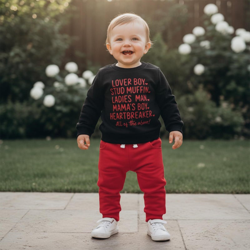 Fernvia Toddler Baby Boy Valentines Day Outfit Letter Print Long Sleeve Crewneck Sweatshirt + Joggers Pants Sets (A Lover Boy Black, 6-12 Months) - Image 2