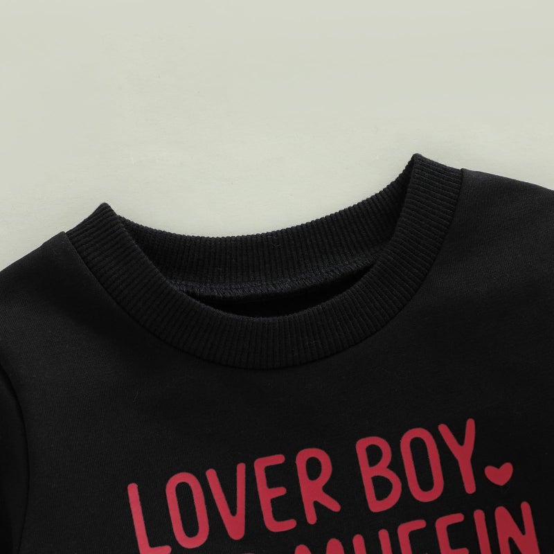 Fernvia Toddler Baby Boy Valentines Day Outfit Letter Print Long Sleeve Crewneck Sweatshirt + Joggers Pants Sets (A Lover Boy Black, 6-12 Months) - Image 4